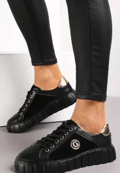 Czarno-Złote Sznurowane Sneakersy ze Skóry Breana
