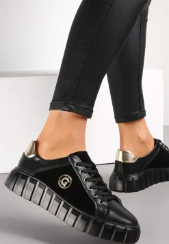 Czarno-Złote Sznurowane Sneakersy ze Skóry Breana