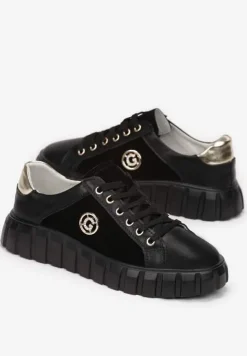 Czarno-Złote Sznurowane Sneakersy ze Skóry Breana