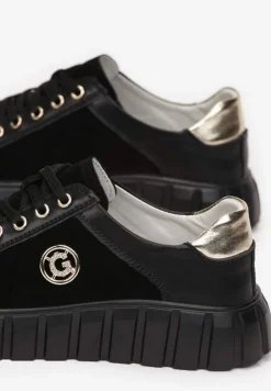 Czarno-Złote Sznurowane Sneakersy ze Skóry Breana