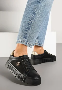 Czarno-Złote Sznurowane Sneakersy Vices na Platformie z Tłoczeniem i Metaliczną Aplikacją Lavfedi