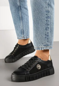 Czarno-Złote Sznurowane Sneakersy Vices na Platformie z Tłoczeniem i Metaliczną Aplikacją Lavfedi