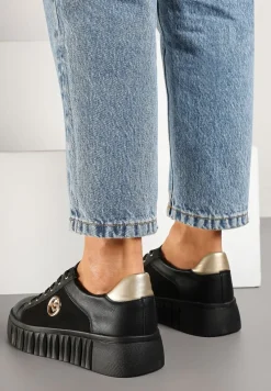 Czarno-Złote Sznurowane Sneakersy Vices na Platformie z Tłoczeniem i Metaliczną Aplikacją Lavfedi