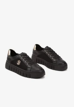 Czarno-Złote Sznurowane Sneakersy Vices na Platformie z Tłoczeniem i Metaliczną Aplikacją Lavfedi