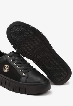 Czarno-Złote Sznurowane Sneakersy Vices na Platformie z Tłoczeniem i Metaliczną Aplikacją Lavfedi