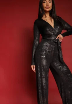 Czarno-Złoty Kombinezon z Wiskozą o Kopertowym Kroju z Wiązanym Paskiem Nalivere