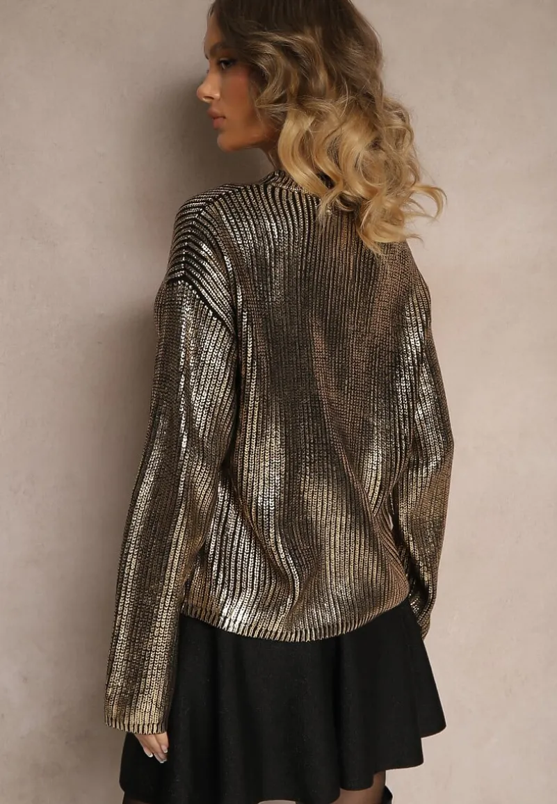 Czarno-Złoty Metaliczny Sweter z Długim Rękawem Vivalei