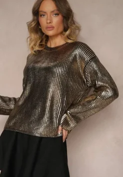 Czarno-Złoty Metaliczny Sweter z Długim Rękawem Vivalei