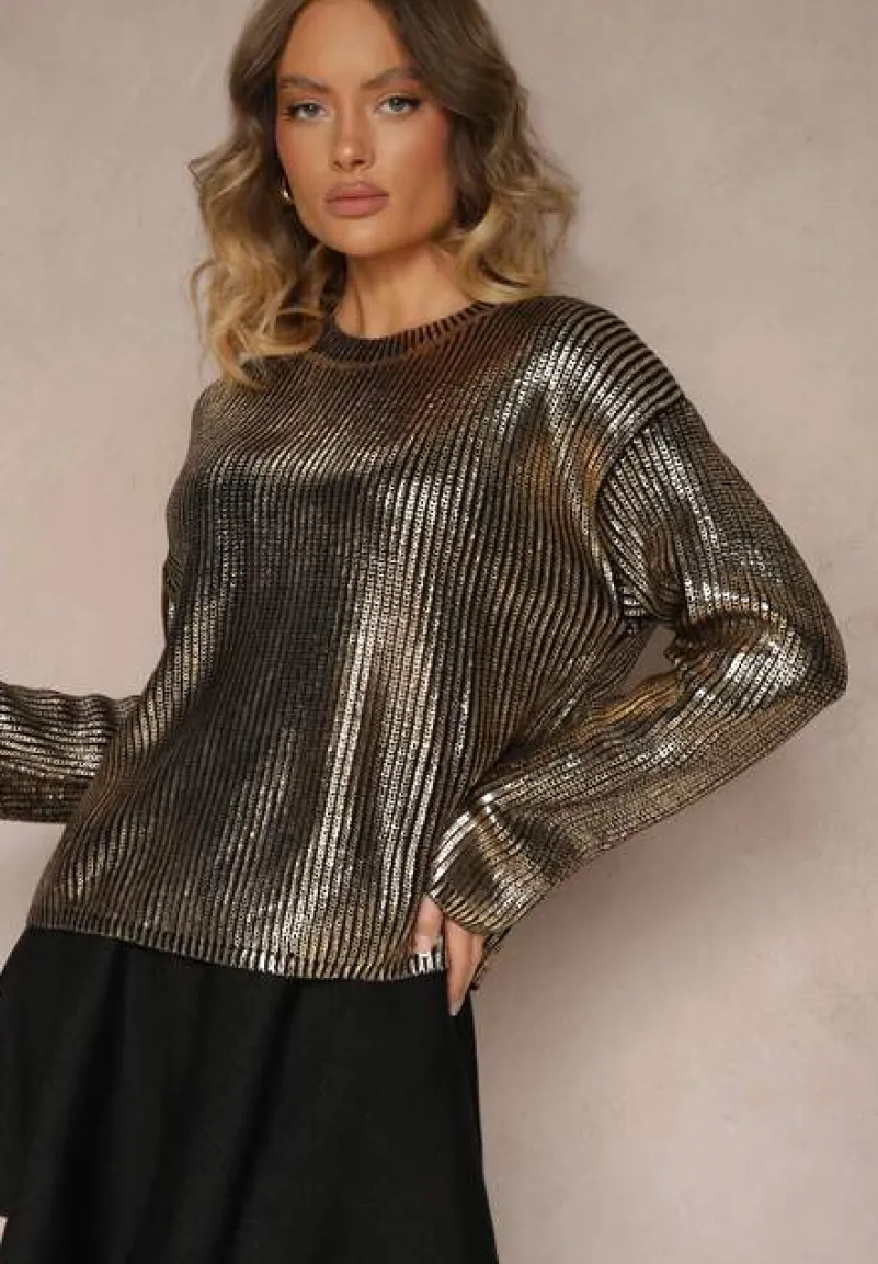 Czarno-Złoty Metaliczny Sweter z Długim Rękawem Vivalei