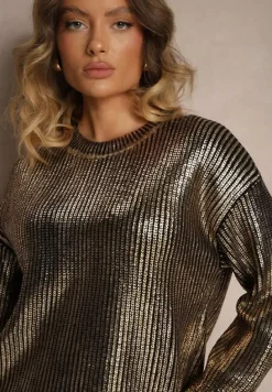 Czarno-Złoty Metaliczny Sweter z Długim Rękawem Vivalei