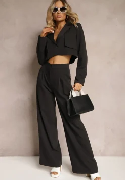 Czarny Garniturowy Komplet w Paseczki Marynarka Cropped i Szerokie Spodnie Mairilee