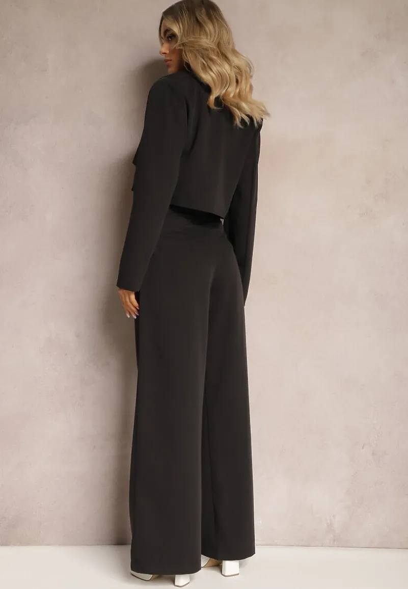 Czarny Garniturowy Komplet w Paseczki Marynarka Cropped i Szerokie Spodnie Mairilee