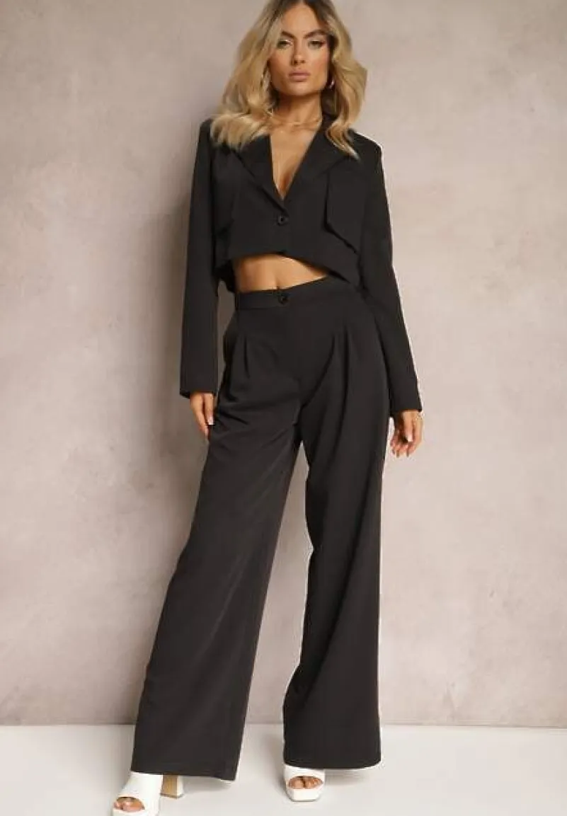 Czarny Garniturowy Komplet w Paseczki Marynarka Cropped i Szerokie Spodnie Mairilee