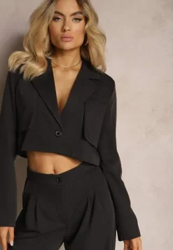 Czarny Garniturowy Komplet w Paseczki Marynarka Cropped i Szerokie Spodnie Mairilee