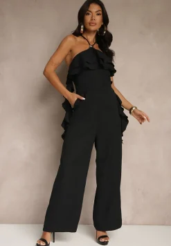 Czarny Asymetryczny Kombinezon Ozdobiony Metaliczną Aplikacją Tilfina