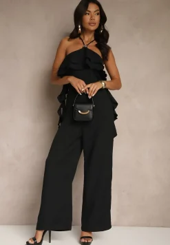 Czarny Asymetryczny Kombinezon Ozdobiony Metaliczną Aplikacją Tilfina