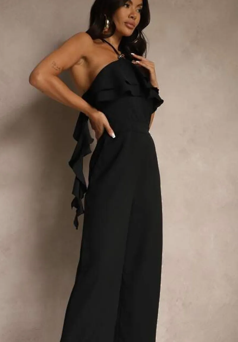 Czarny Asymetryczny Kombinezon Ozdobiony Metaliczną Aplikacją Tilfina