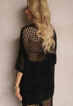 Czarny Ażurowy Kardigan Narzutka z Szydełkowej Dzianiny z Guzikami Limiana