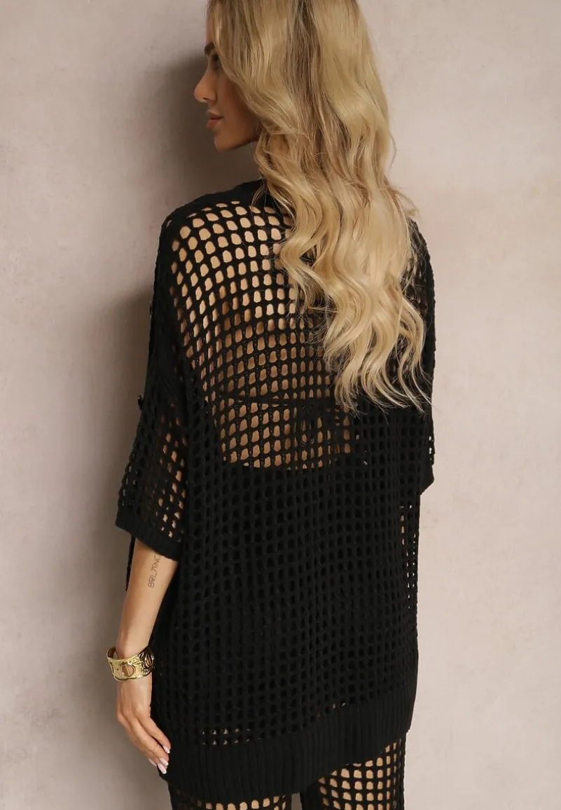 Czarny Ażurowy Kardigan Narzutka z Szydełkowej Dzianiny z Guzikami Limiana