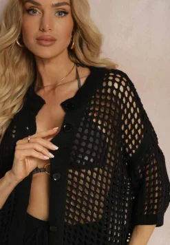 Czarny Ażurowy Kardigan Narzutka z Szydełkowej Dzianiny z Guzikami Limiana