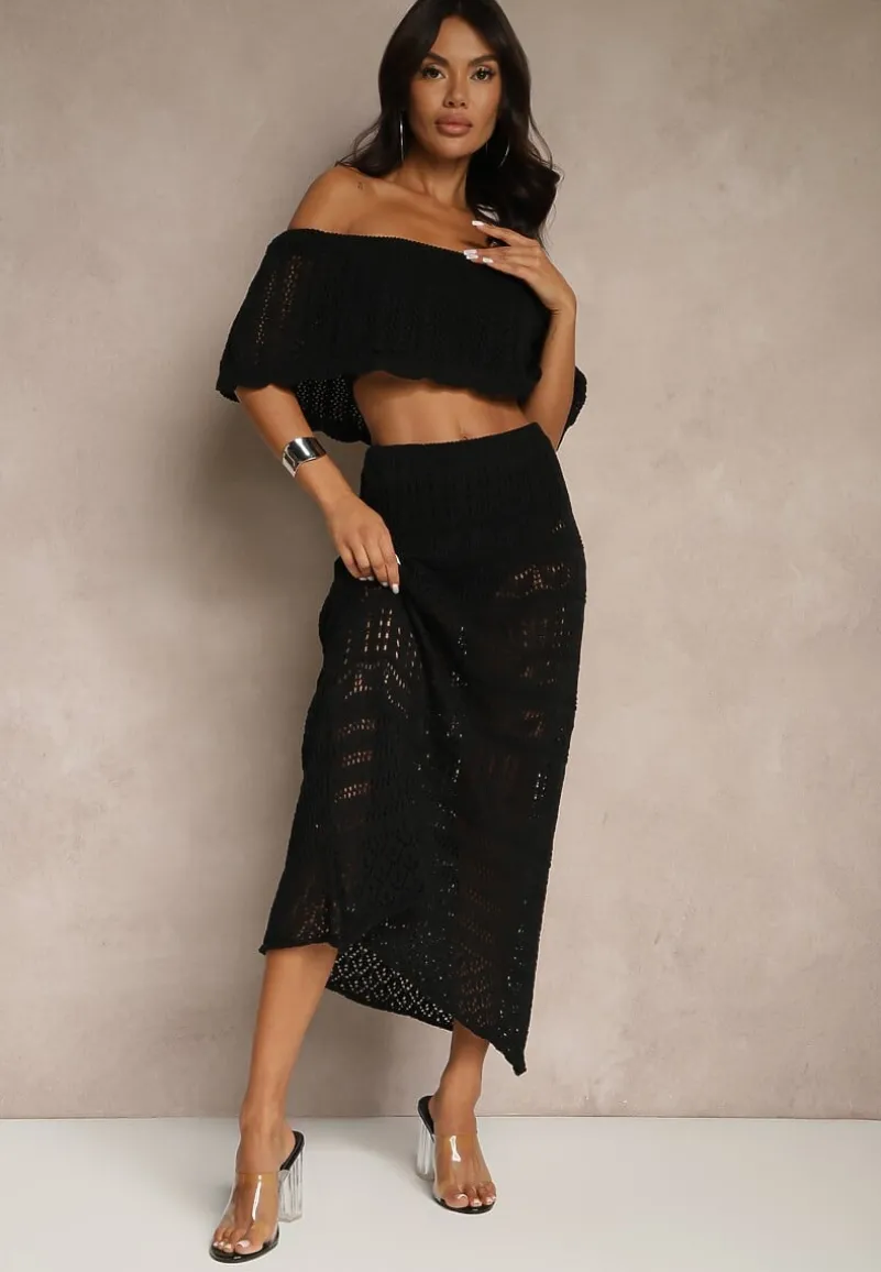 Czarny Ażurowy Komplet z Bawełną Spódnica i Top z Hiszpańskim Dekoltem Folanea