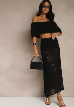 Czarny Ażurowy Komplet z Bawełną Spódnica i Top z Hiszpańskim Dekoltem Folanea