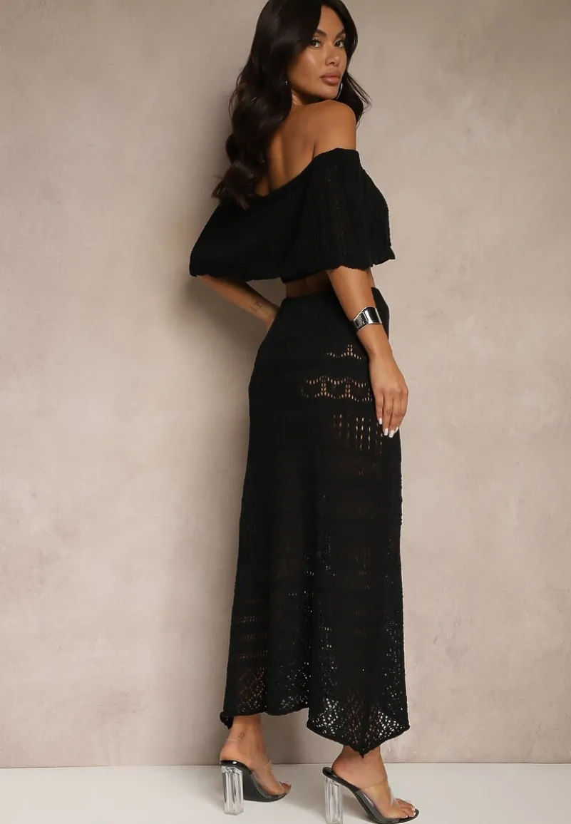 Czarny Ażurowy Komplet z Bawełną Spódnica i Top z Hiszpańskim Dekoltem Folanea