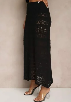 Czarny Ażurowy Komplet z Bawełną Spódnica i Top z Hiszpańskim Dekoltem Folanea