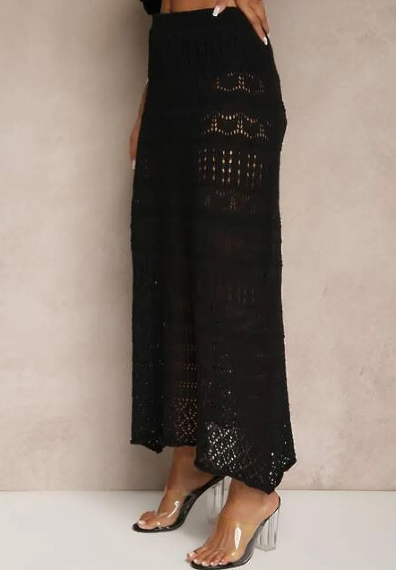 Czarny Ażurowy Komplet z Bawełną Spódnica i Top z Hiszpańskim Dekoltem Folanea