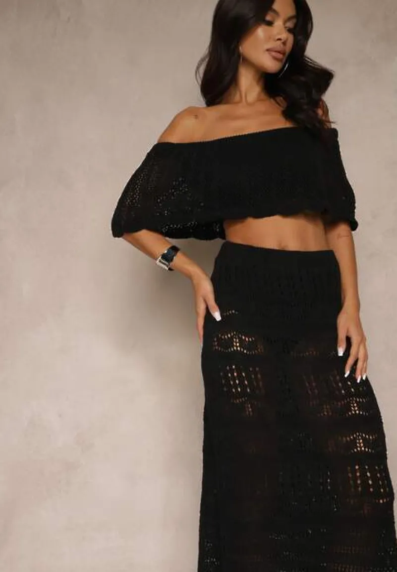 Czarny Ażurowy Komplet z Bawełną Spódnica i Top z Hiszpańskim Dekoltem Folanea