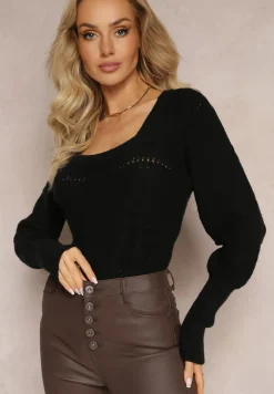 Czarny Ażurowy Sweter z Długim Rękawem Caettes