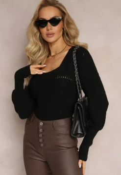 Czarny Ażurowy Sweter z Długim Rękawem Caettes