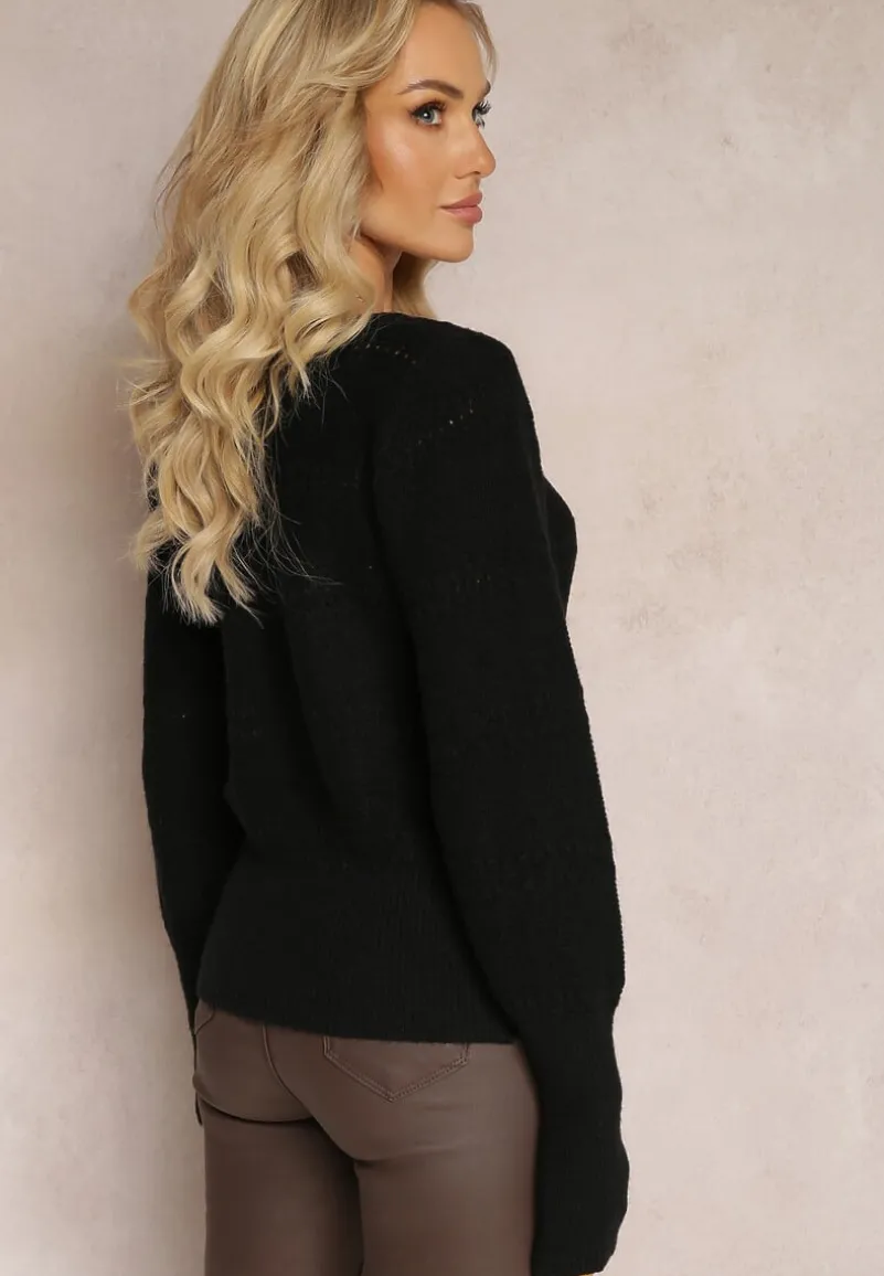 Czarny Ażurowy Sweter z Długim Rękawem Caettes