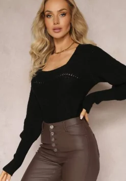 Czarny Ażurowy Sweter z Długim Rękawem Caettes