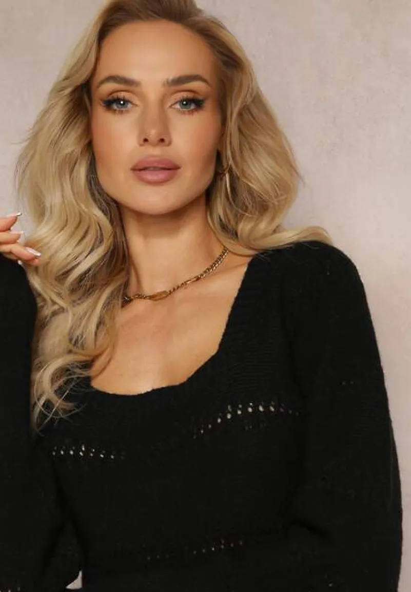 Czarny Ażurowy Sweter z Długim Rękawem Caettes