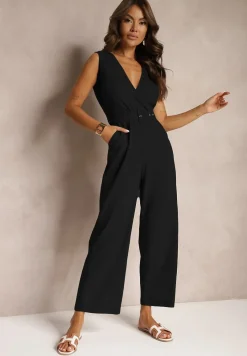 Czarny Bawełniany Kombinezon z Kopertowym Dekoltem Paskiem z Klamrą i Gumką w Talii Risalen