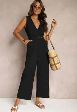 Czarny Bawełniany Kombinezon z Kopertowym Dekoltem Paskiem z Klamrą i Gumką w Talii Risalen