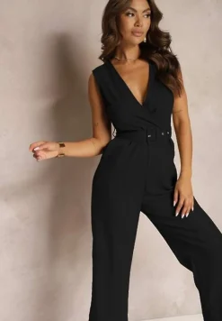 Czarny Bawełniany Kombinezon z Kopertowym Dekoltem Paskiem z Klamrą i Gumką w Talii Risalen