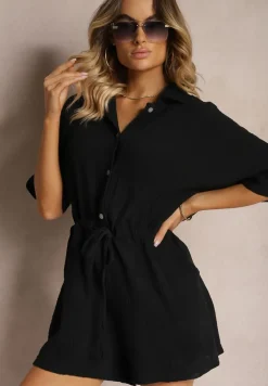 Czarny Bawełniany Kombinezon Muślinowy Ozdobiony Troczkami Zapinany na Guziki Dlissa