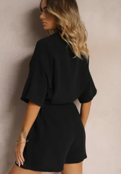 Czarny Bawełniany Kombinezon Muślinowy Ozdobiony Troczkami Zapinany na Guziki Dlissa