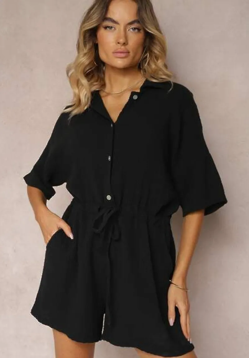 Czarny Bawełniany Kombinezon Muślinowy Ozdobiony Troczkami Zapinany na Guziki Dlissa