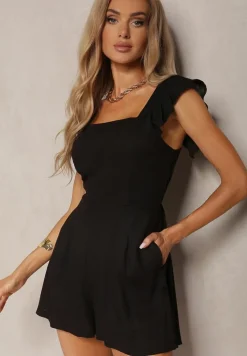 Czarny Bawełniany Kombinezon na Ramiączkach Ozdobionych Falbanką z Kwadratowym Dekoltem Oladia