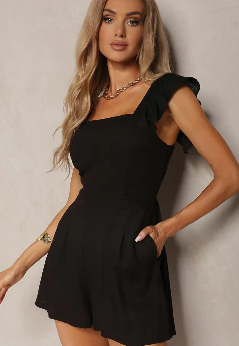 Czarny Bawełniany Kombinezon na Ramiączkach Ozdobionych Falbanką z Kwadratowym Dekoltem Oladia