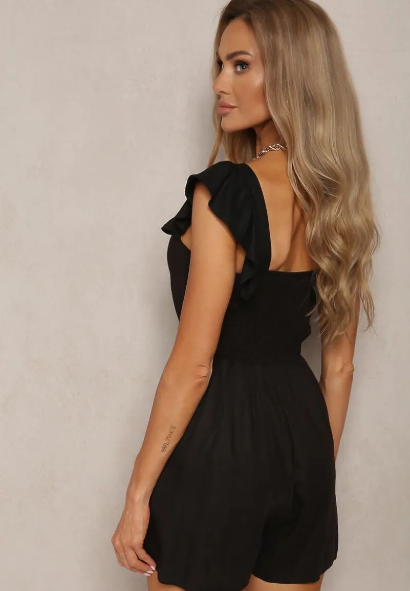 Czarny Bawełniany Kombinezon na Ramiączkach Ozdobionych Falbanką z Kwadratowym Dekoltem Oladia