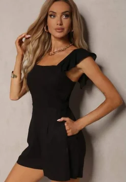 Czarny Bawełniany Kombinezon na Ramiączkach Ozdobionych Falbanką z Kwadratowym Dekoltem Oladia