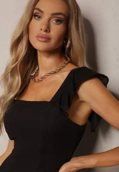 Czarny Bawełniany Kombinezon na Ramiączkach Ozdobionych Falbanką z Kwadratowym Dekoltem Oladia