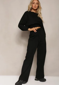 Czarny Bawełniany Komplet Bluza Krótka ze Ściągaczem i Szerokie Spodnie ze Sznurkiem w Pasie Rionnea