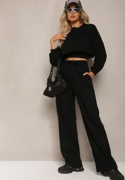Czarny Bawełniany Komplet Bluza Krótka ze Ściągaczem i Szerokie Spodnie ze Sznurkiem w Pasie Rionnea