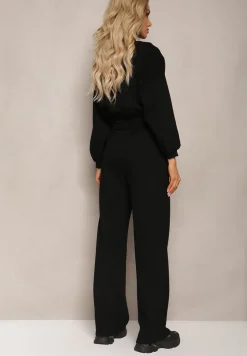 Czarny Bawełniany Komplet Bluza Krótka ze Ściągaczem i Szerokie Spodnie ze Sznurkiem w Pasie Rionnea