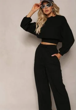 Czarny Bawełniany Komplet Bluza Krótka ze Ściągaczem i Szerokie Spodnie ze Sznurkiem w Pasie Rionnea
